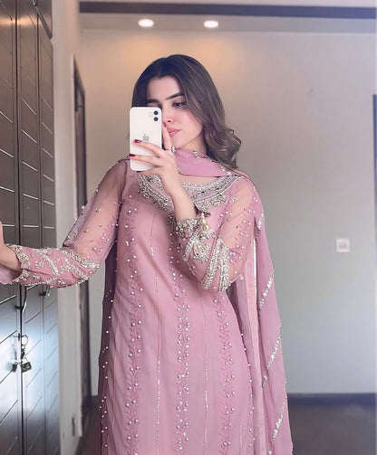party wear look pur heavy faux georgette top plazzo & dupatta set pink