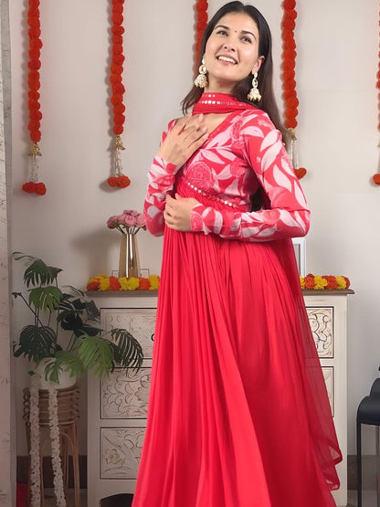 Red Color Beautiful Partywear ANarkali Dress with dupatta