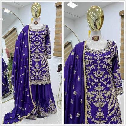 Dark Blue Color Beautiful Sharara Suit in Chinon FAbric