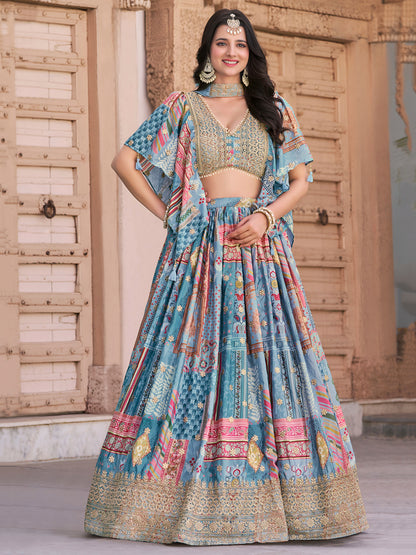 Sky Blue Color Beautiful Lehenga Choli in Chinon Silk Fabric