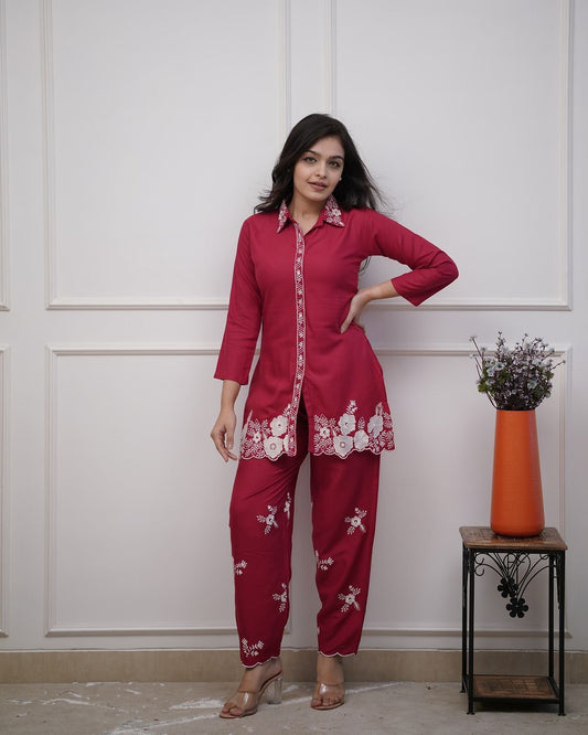 Beautiful Summer Wear Rayon Co-ord set in Red color