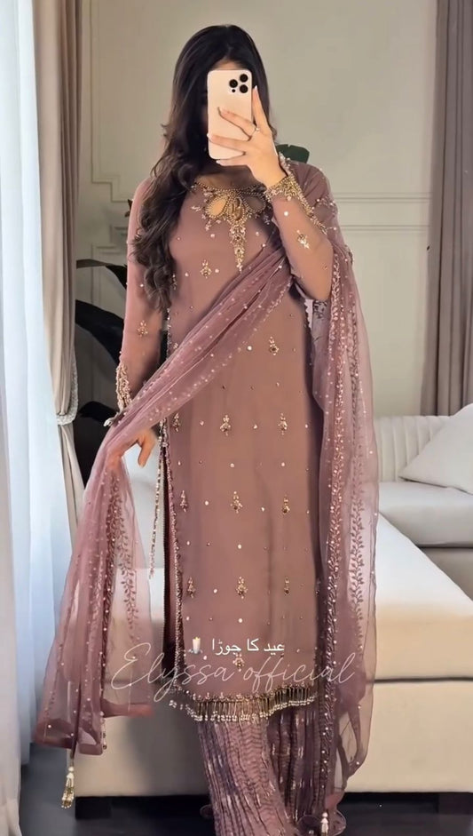 Georgette With Heavy Embroidery Sequence Work Top-Bottom And Dupatta Set