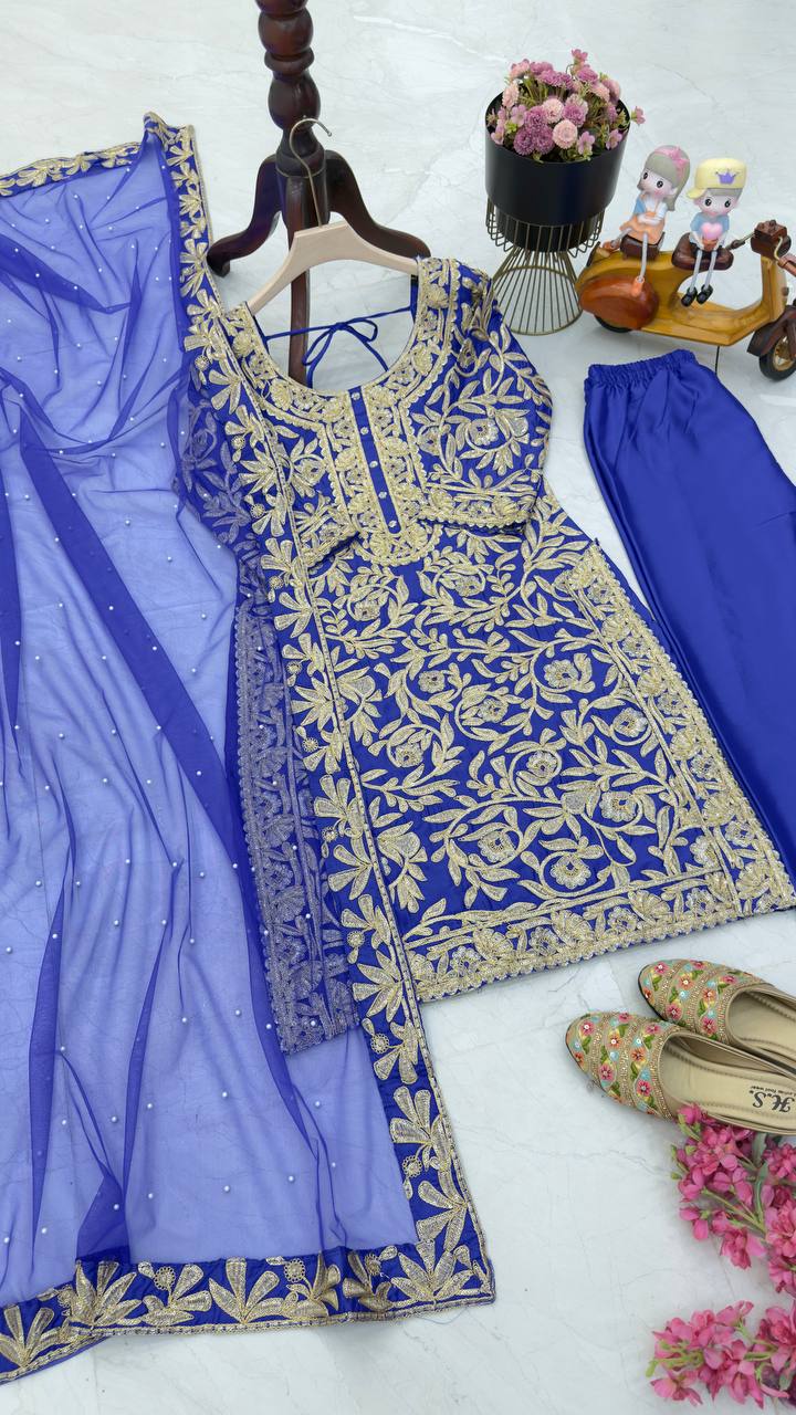 BLue Color PArtywear Dress in Chinon Fabric
