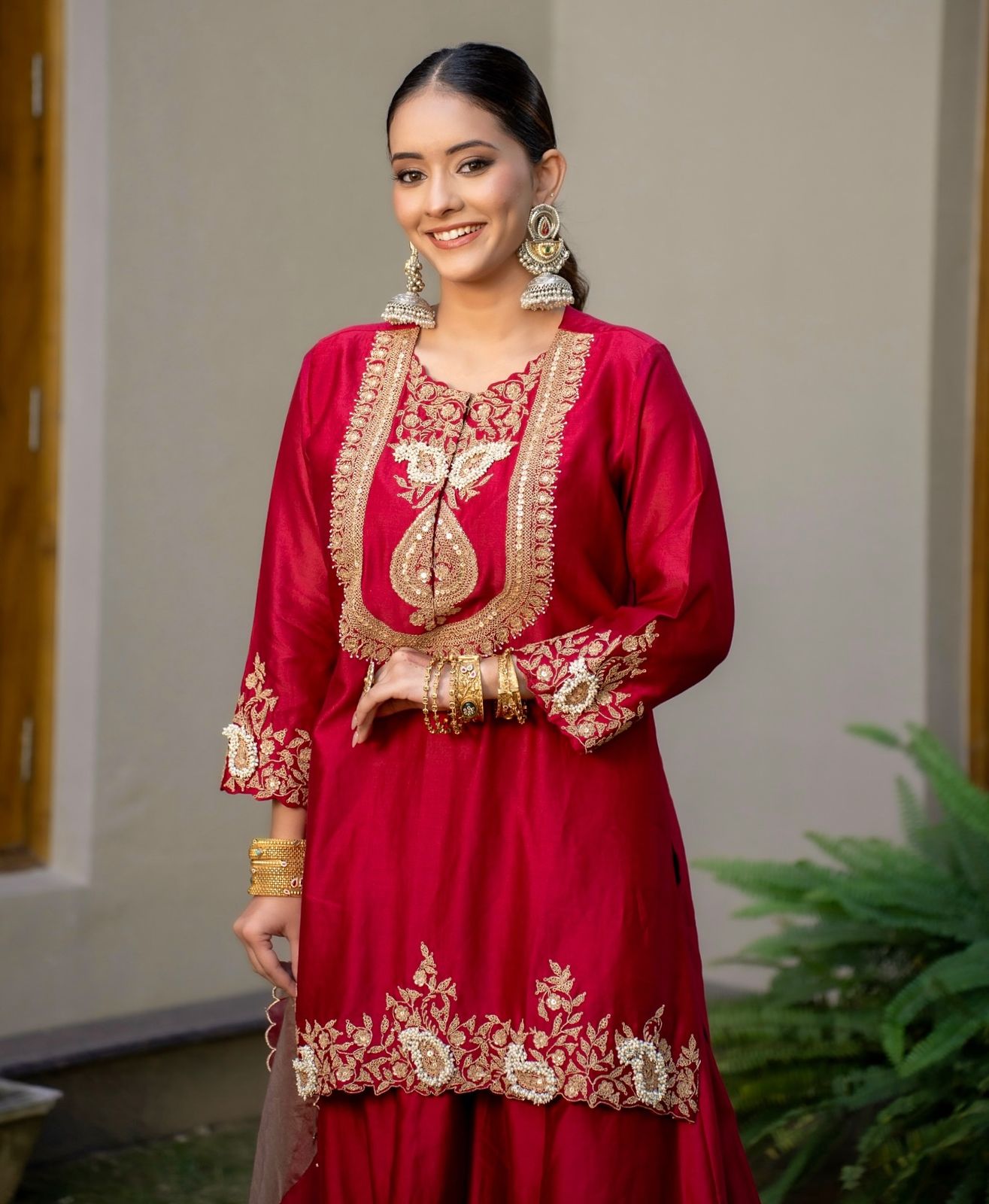 Red Color Partywear Sharara Suit in chinon silk fabric