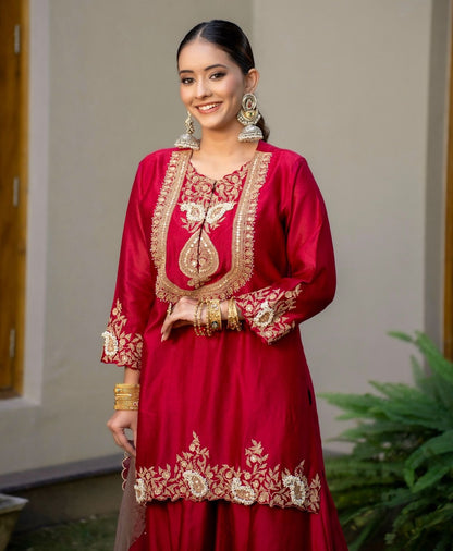 Red Color Partywear Sharara Suit in chinon silk fabric