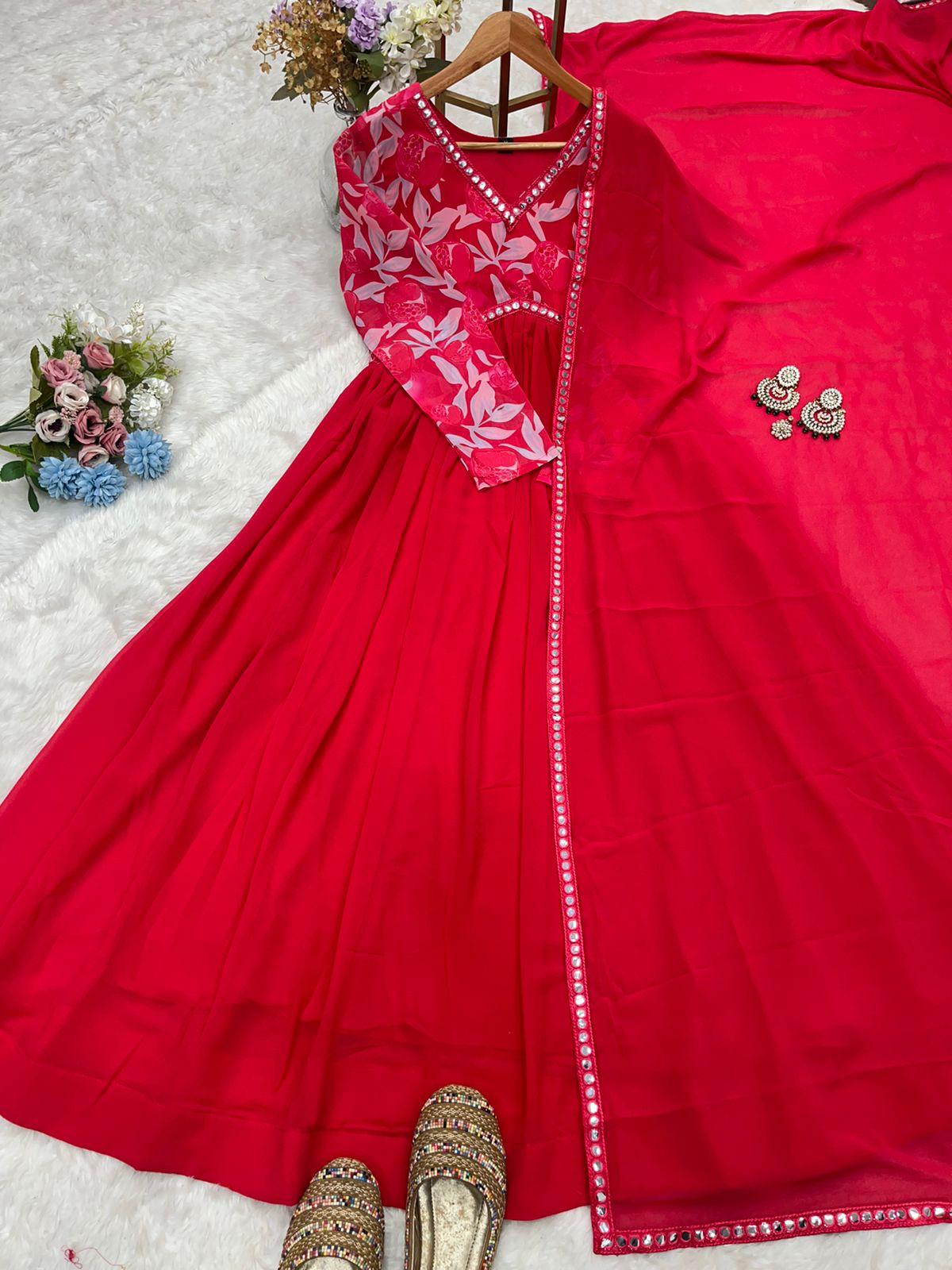 Red Color Beautiful Partywear ANarkali Dress with dupatta