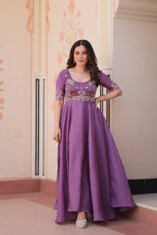 Purple Color Beautiful Partywear Gown in silk fabric