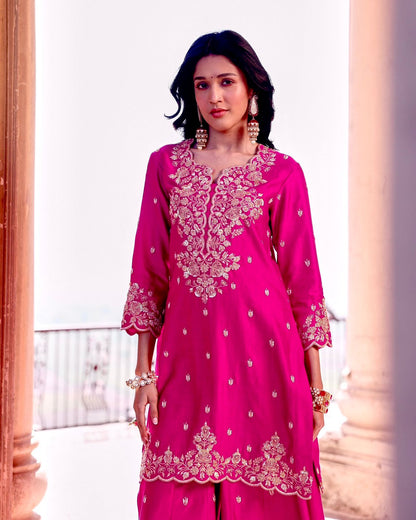 Pink Color Beauitful Festival Wear Roman Silk PLazo DRess