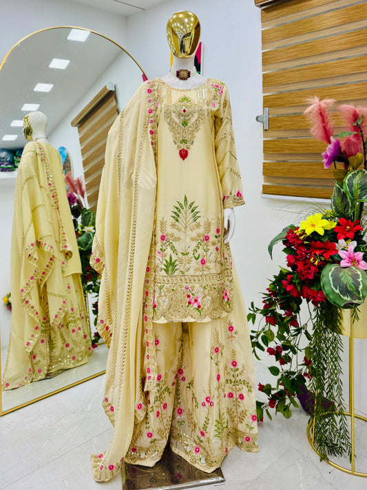 designer party sharara suit & dupatta set in cream white color