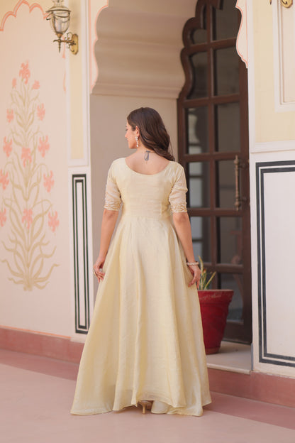 cream Color Beautiful Partywear Gown in silk fabric