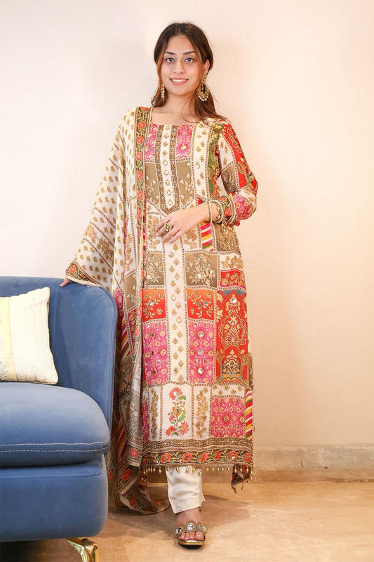 multi color beautiful partywear dress in chinon silk