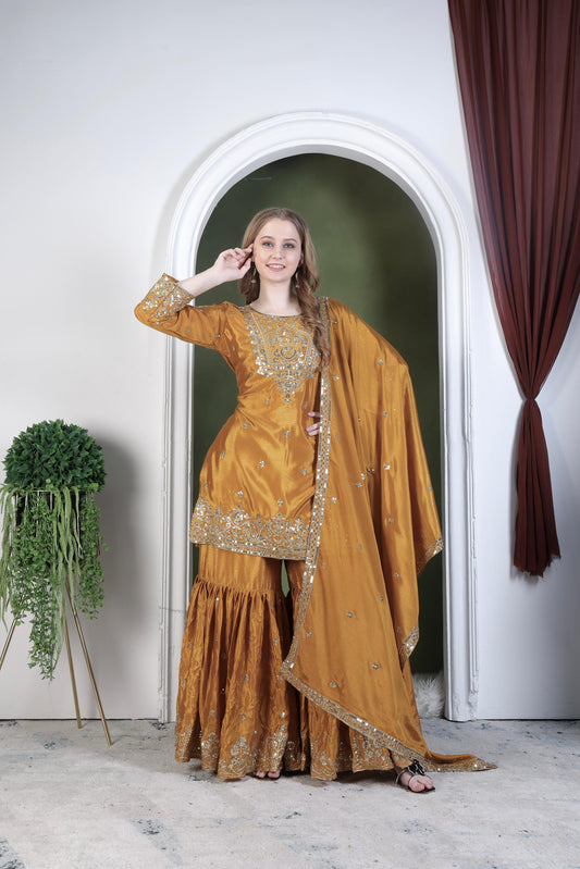 Embroidery And Sequence Worked Top-Sharara And Dupatta Set Fully Stitched Ready To Wear