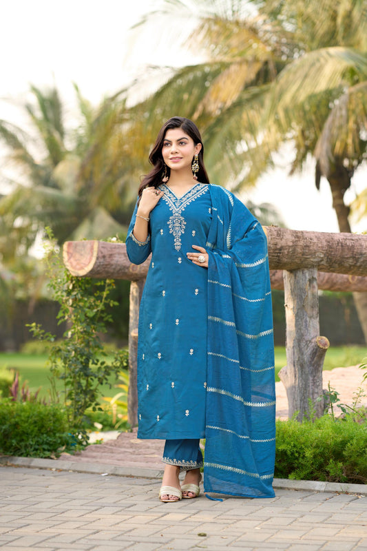 Blue Color Beautiful Summer WEar Dress in Roman silk fabric