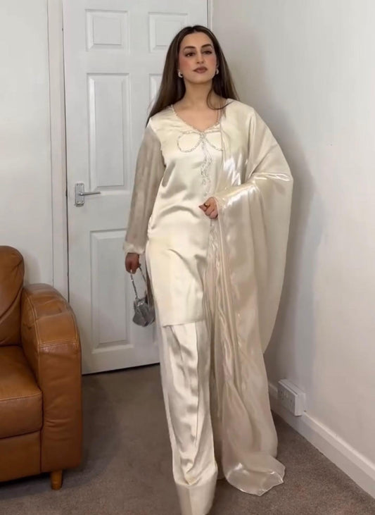 Đěsigner Party Wear Look Pur Natural Crepe Top & Palazzo With Dupatta Set
