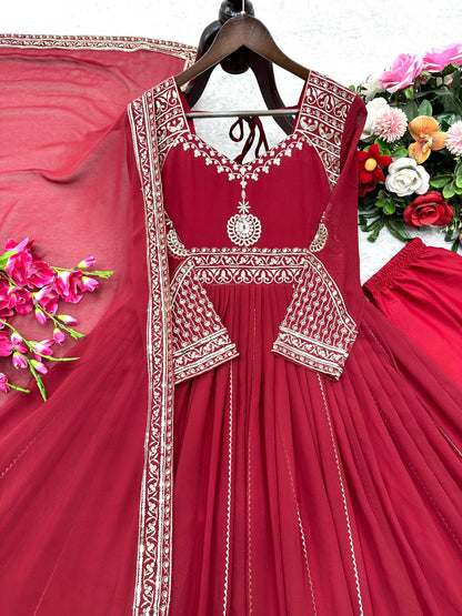 Red Color Beautiful party wear look heavy fox georgette gown pent & dupatta set