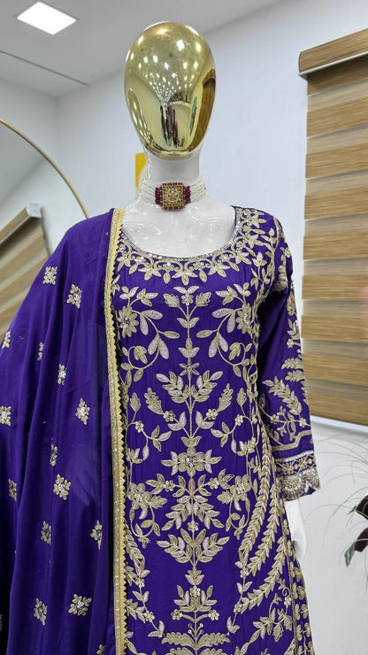 Dark Blue Color Beautiful Sharara Suit in Chinon FAbric