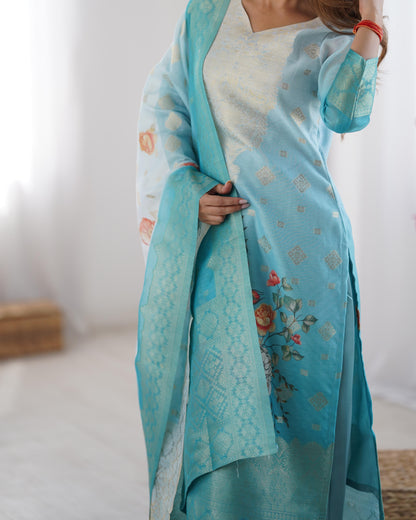 White and Sky blue Color Beautiful Chanderi Silk FAbric Dress