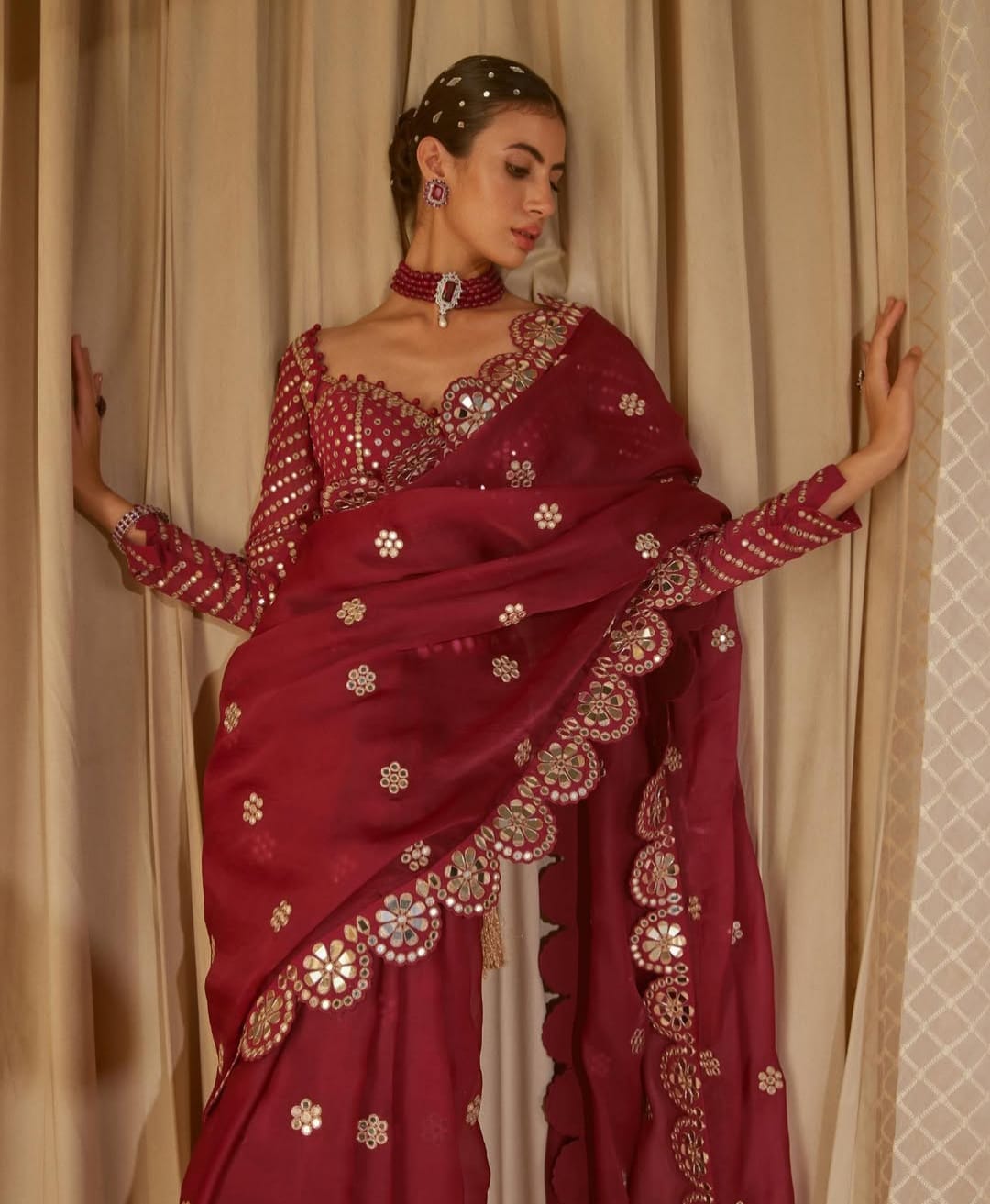 Red Maroon Color Beautiful Partywear Saree