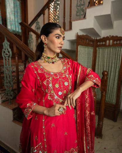 Red Color Beautiful Plazo Dress in Chinon Fabric