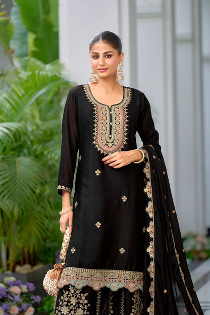 Designer Party Top Sharara & Dupatta Set in black color