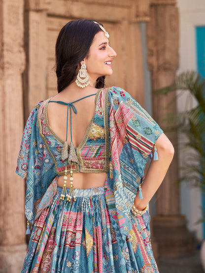 Sky Blue Color Beautiful Lehenga Choli in Chinon Silk Fabric