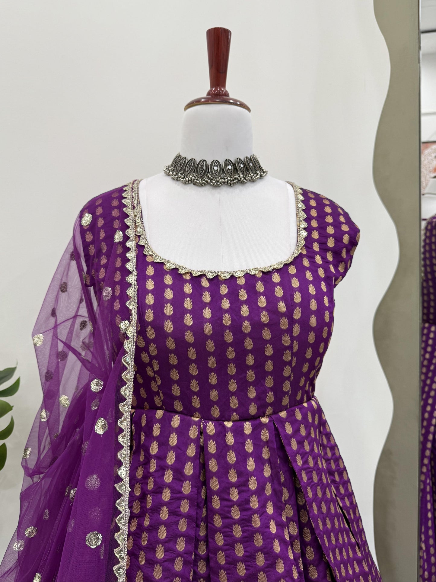 Purple Color Beautiful Gown in Jacquard Silk Fabric
