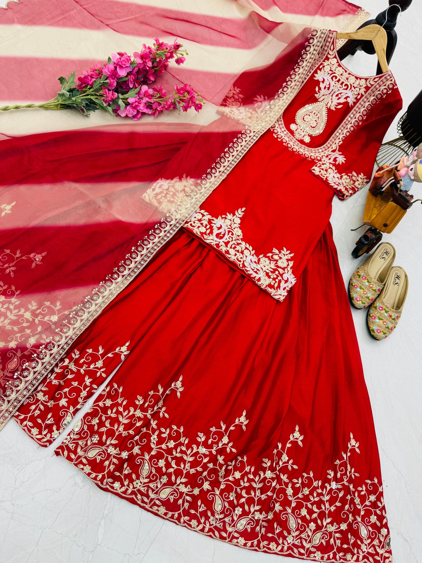 Red Color Partywear Sharara Suit in chinon silk fabric