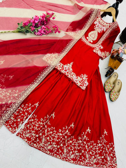 Red Color Partywear Sharara Suit in chinon silk fabric