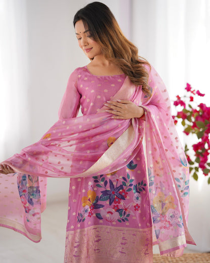 Pink Color Beautiful Chanderi Silk FAbric Dress