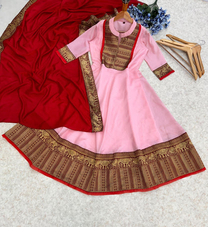 Pink Color Gown with dupatta in vichitra silk fabirc