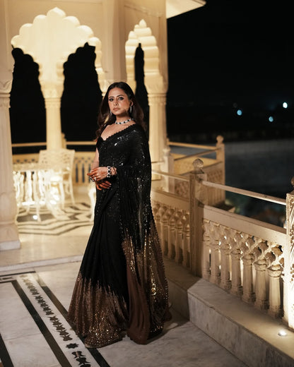 Black Color Beautiful Partywear Georgette Fabric Saree