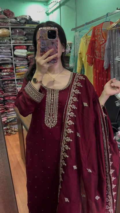 Chinnon And Heavy Embroidery Sequence Work Top-Bottom And Dupatta Set