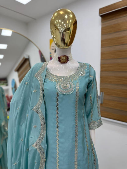 Designer Party Top Pallazo & Dupatta Set in sky blue color