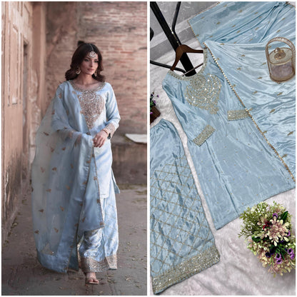 Sky Blue Color Beautiful PArtywear Dress in Chinon Fabric