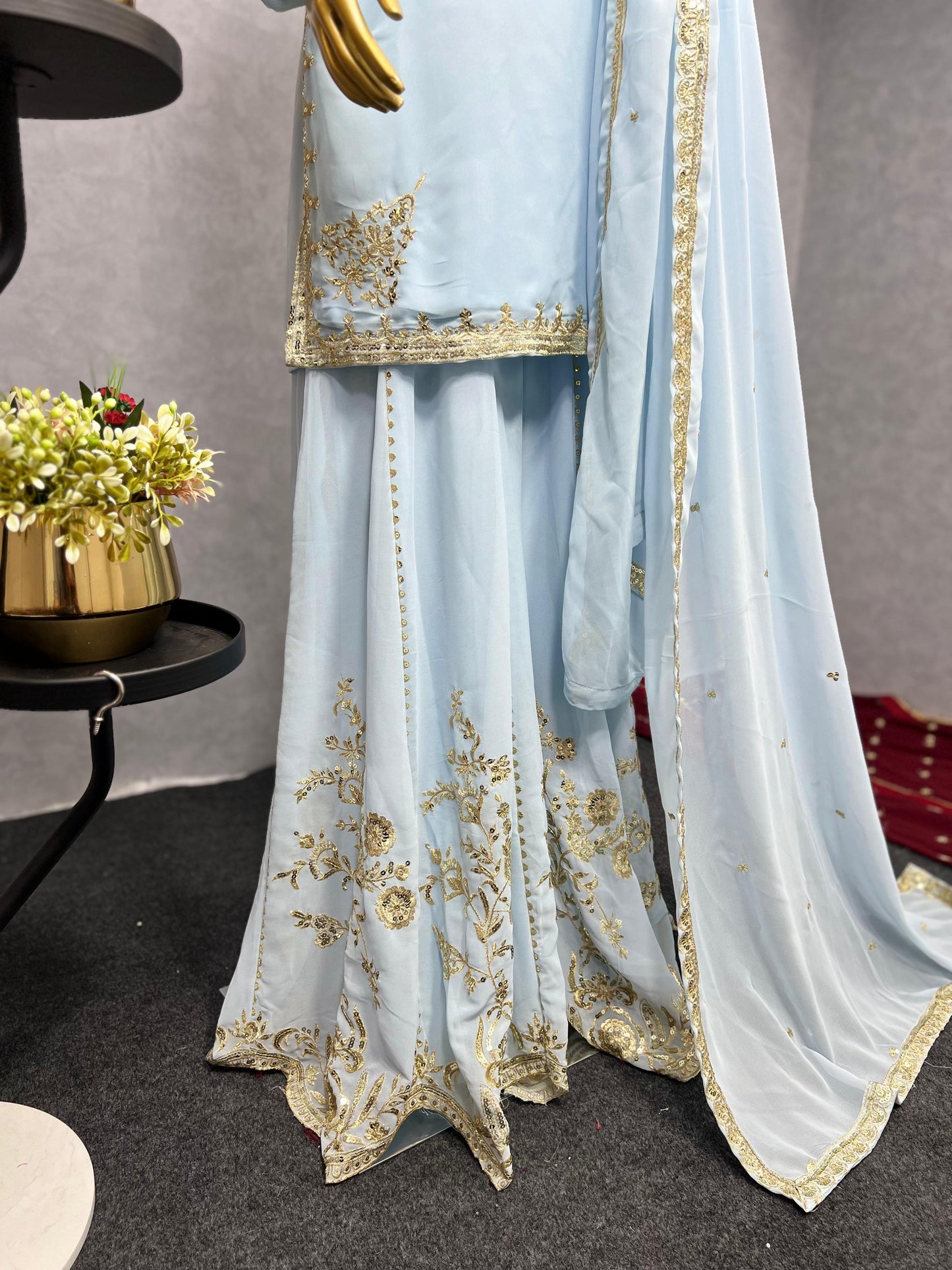 Sky BLue Color Beautiful 3 Piece Kurti With Sharara And Dupatta