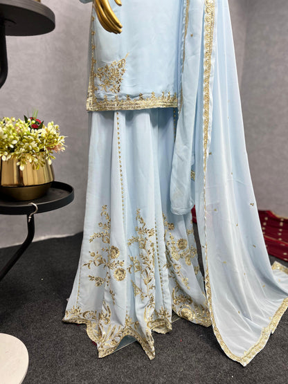 Sky BLue Color Beautiful 3 Piece Kurti With Sharara And Dupatta