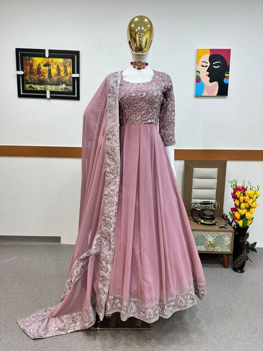 light pink color gown in georgete fabric