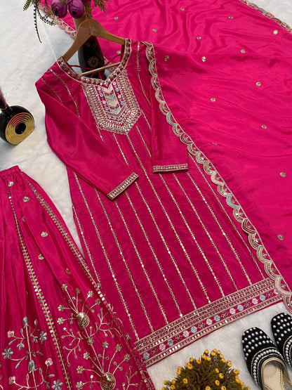 Pink Color Beautiful PArtywear PLazo Dress in Chinon Silk Fabric