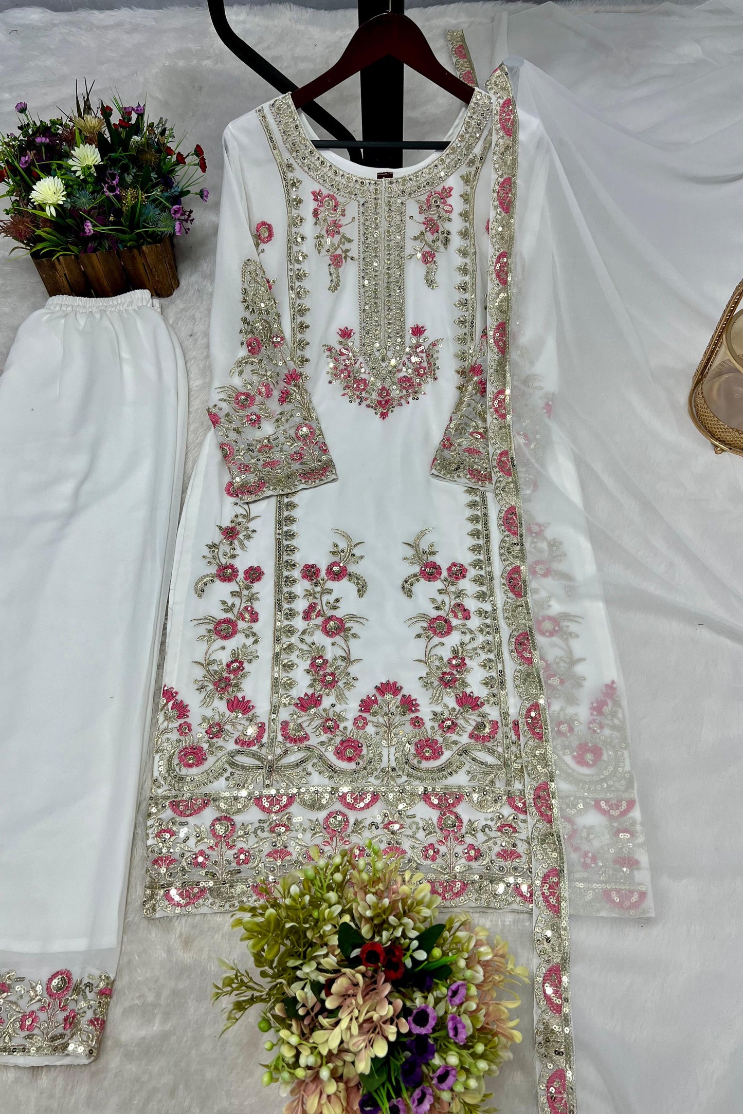 White color 3 Piece Stylish Kurti Dupatta With Beautiful Plazzo