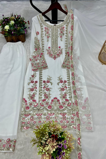White color 3 Piece Stylish Kurti Dupatta With Beautiful Plazzo
