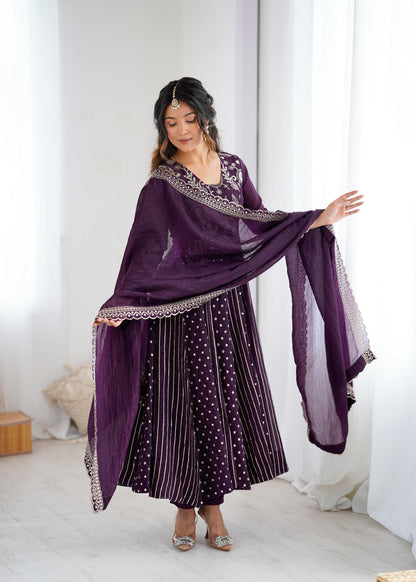 purple color anrakli gown in silk fabric with embroidery work