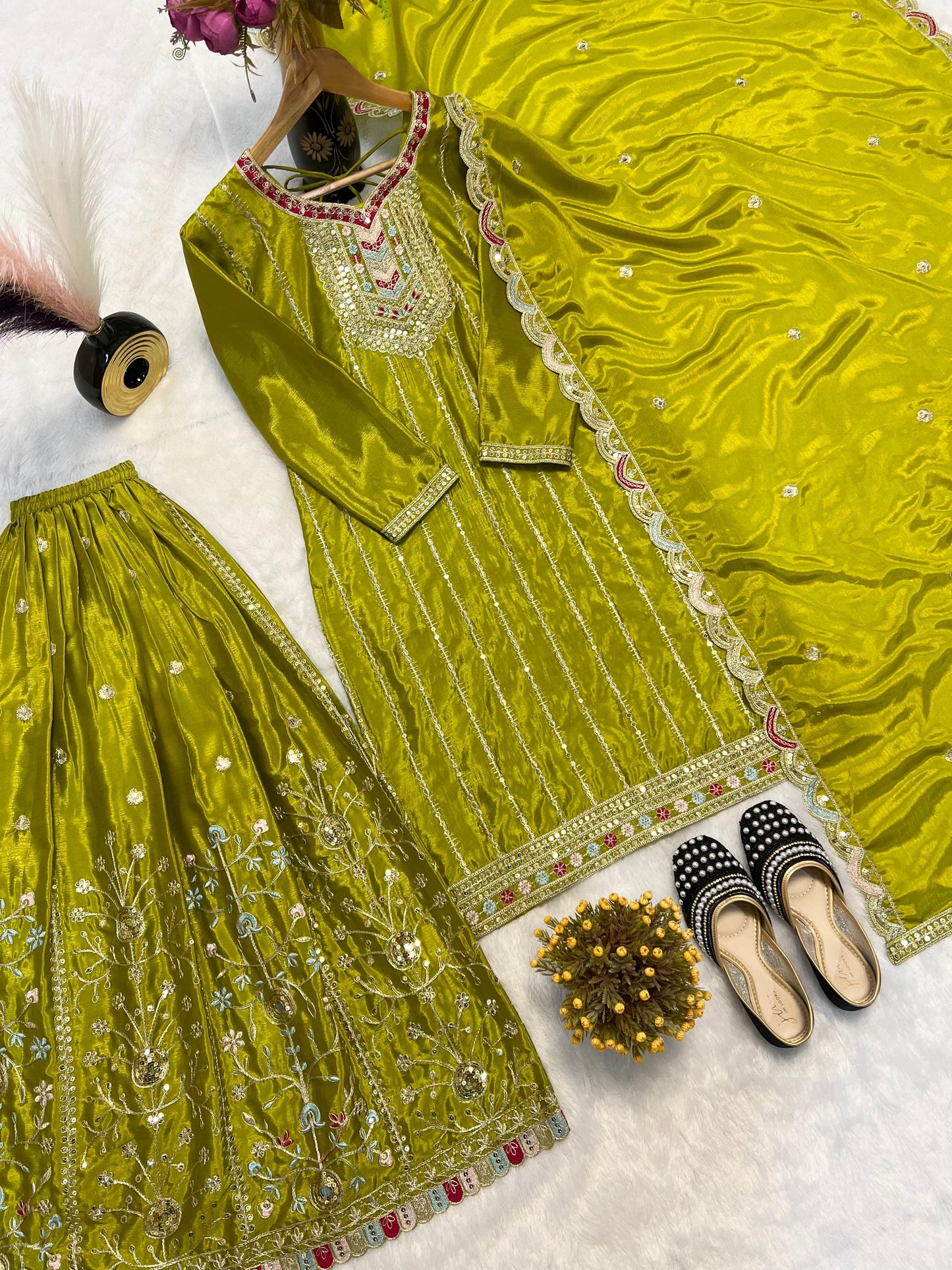Yellow Color Beautiful PArtywear PLazo Dress in Chinon Silk Fabric