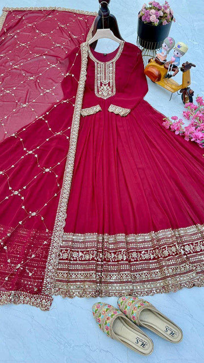 Designer Party Gown & Dupatta Set in red color