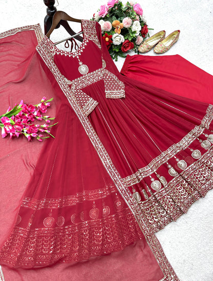 Red Color Beautiful party wear look heavy fox georgette gown pent & dupatta set
