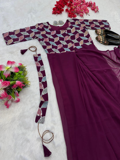 Purple color beautiful trending zip nd go embroidery saree