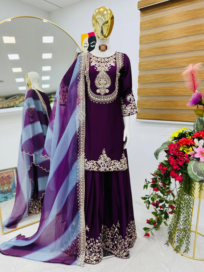 Purple Color Partywear Sharara Suit in chinon silk fabric