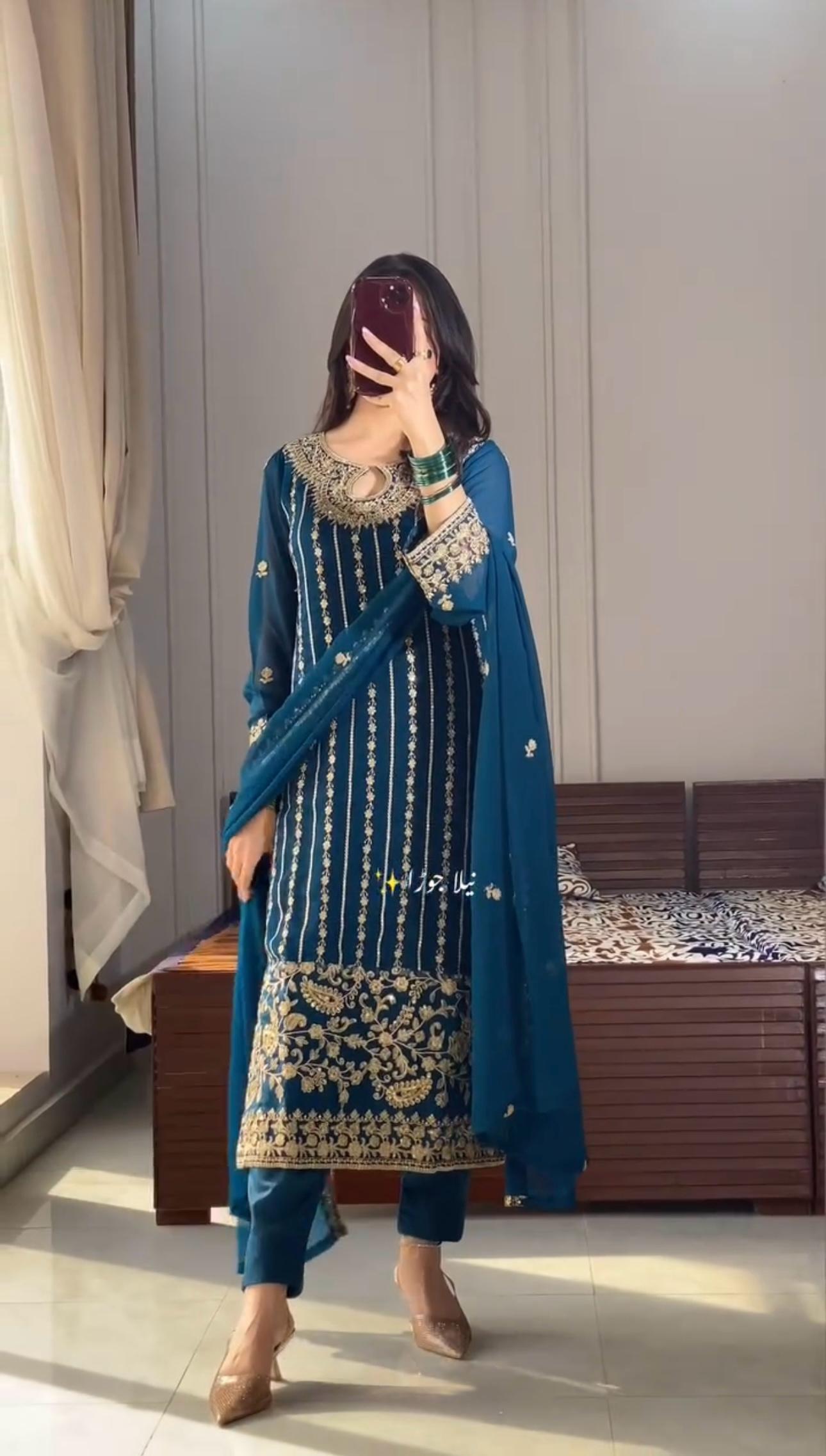 Blue Color Beautiful Partywear Dress IN Chinon Fabric