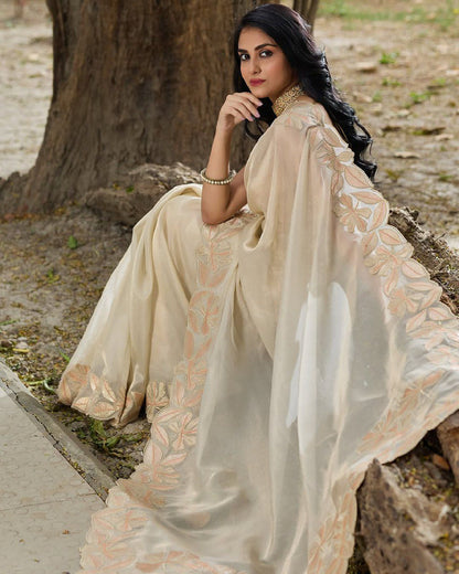 Beautiful White Cream color organza silk saree