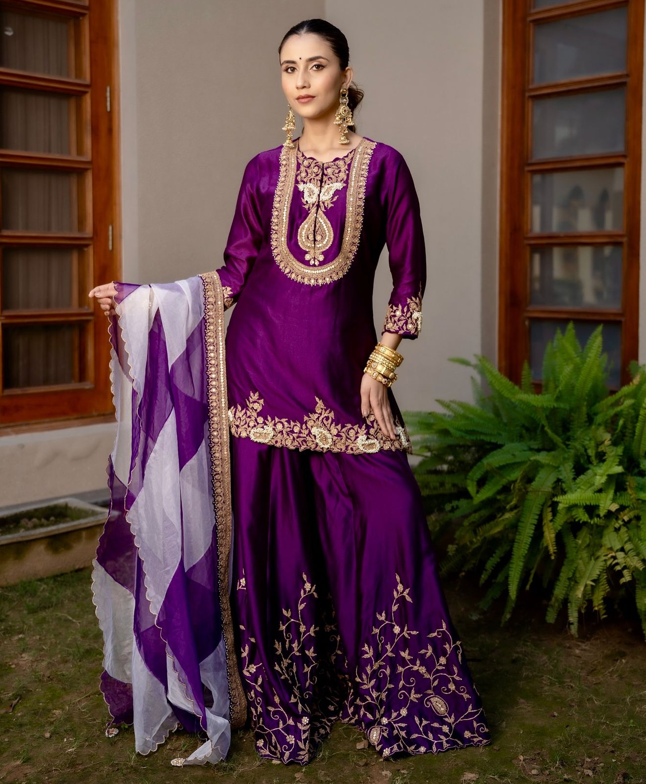 Purple Color Partywear Sharara Suit in chinon silk fabric