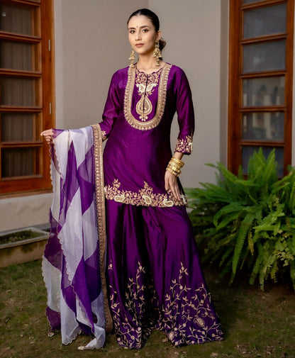 Purple Color Partywear Sharara Suit in chinon silk fabric